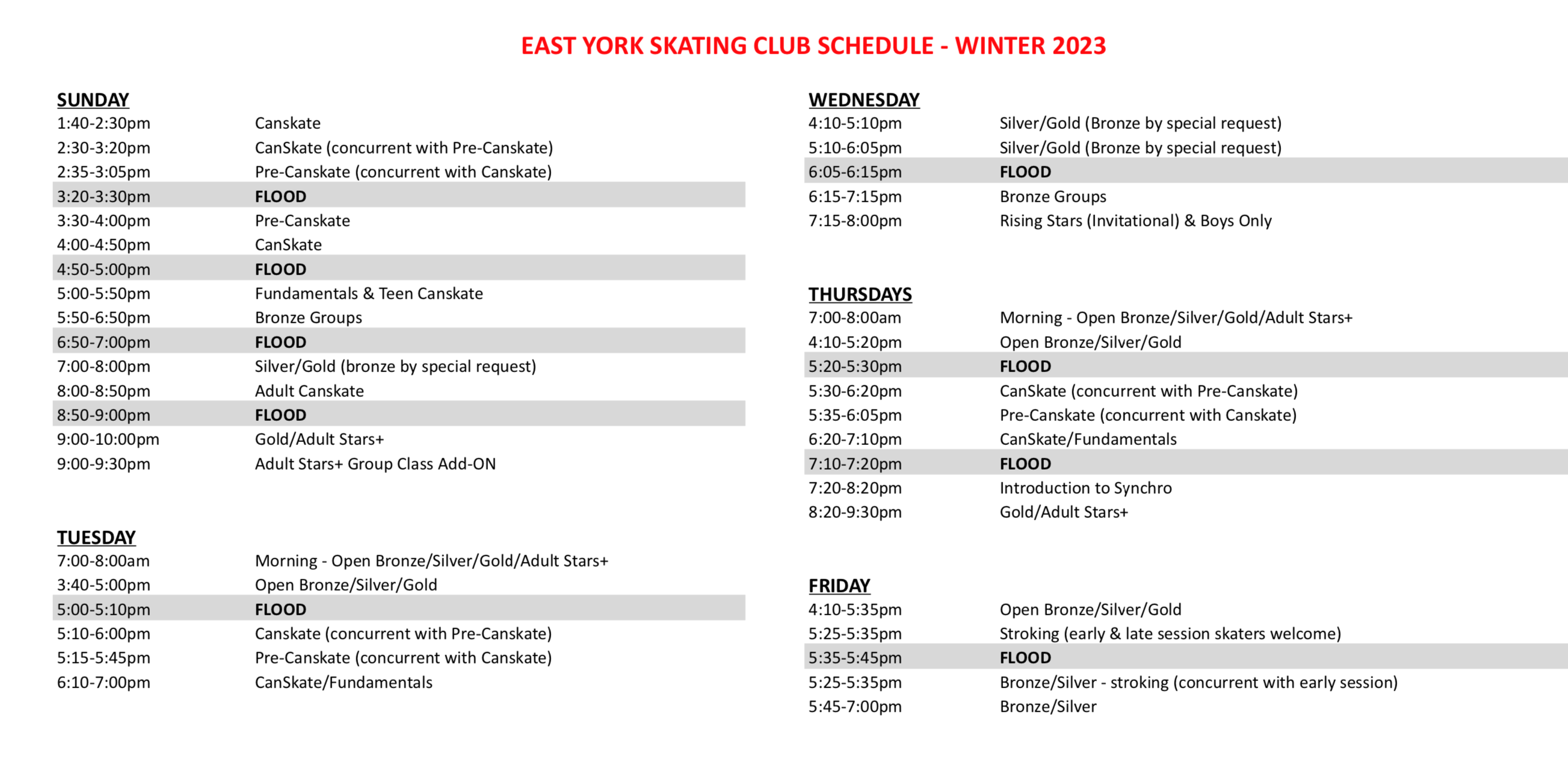 Winter 2023 Schedule Program Registrations EYSC